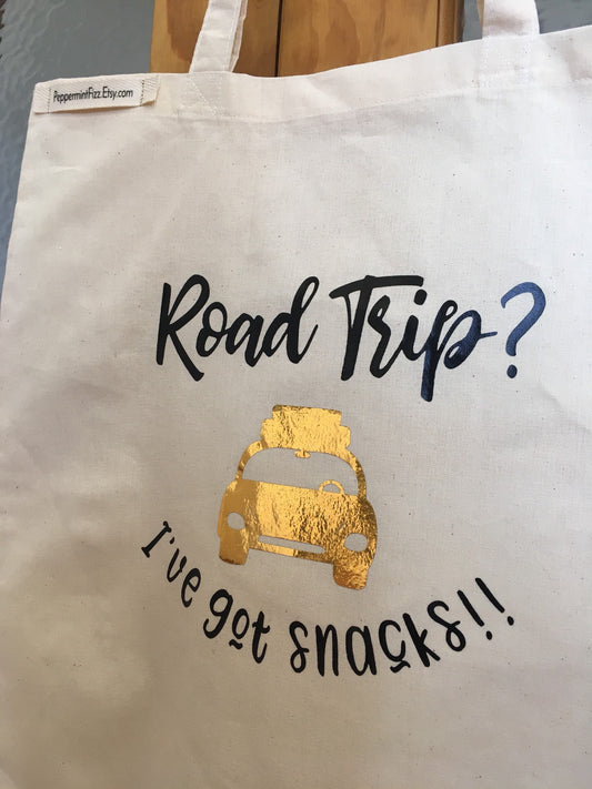 Tote Bag, Road Trip with Snacks, Snackage, Humour, Reusable Cotton Canvas shopping shopper bag, travel, gift