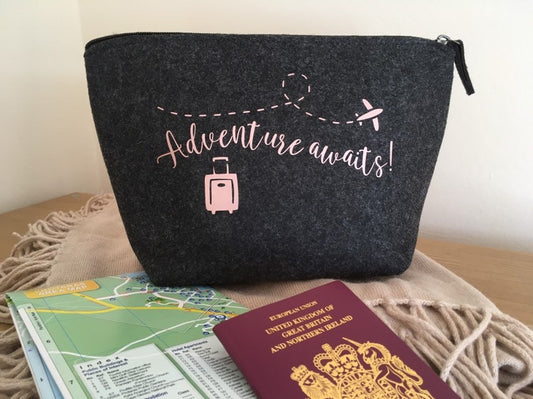 Adventure Awaits grey felt zip pouch for passport, backpacking student, travel documents, road trip, holiday travel bag, honeymoon gift