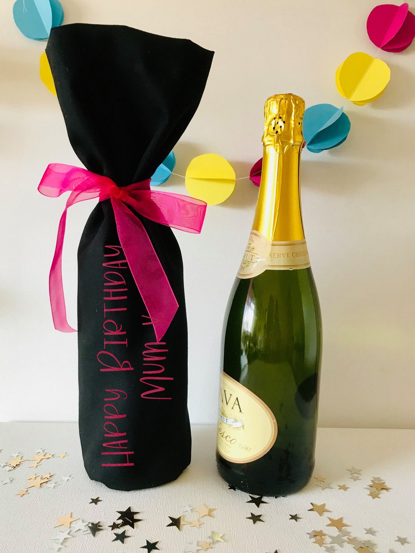 Custom Wording Celebration Birthday Blue - Pink - Gold - Glitter Name - Champagne or Wine Bottle Gift Bag