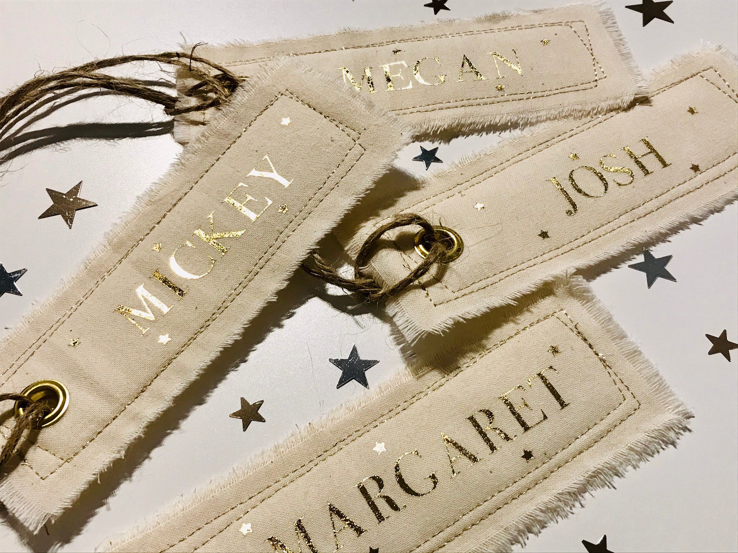 Personalised Fabric tag, Gold Foiled Name, Tag for Santa Sack, Christmas Stocking, Name Tag, Gift Tag, Rustic Scandi style