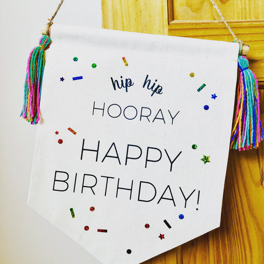 Birthday Cotton Banner, party decor, boy or girl, rainbow sprinkles and confetti, Canvas Wall Flag, Pennant, Wall Hanging