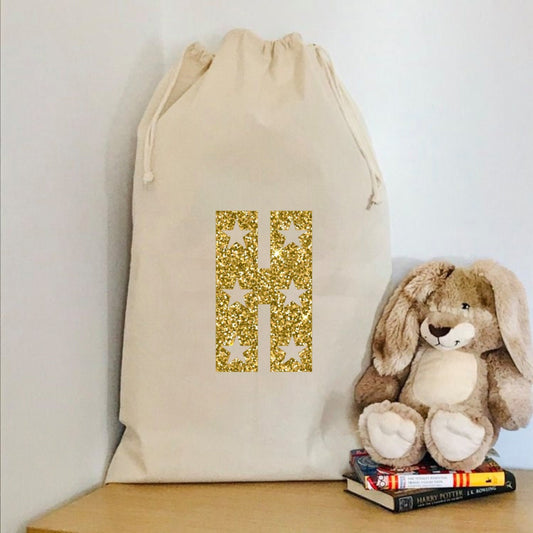 Canvas drawstring toy sack, Childs bedroom storage bag, initial, personalised, name, gold stars