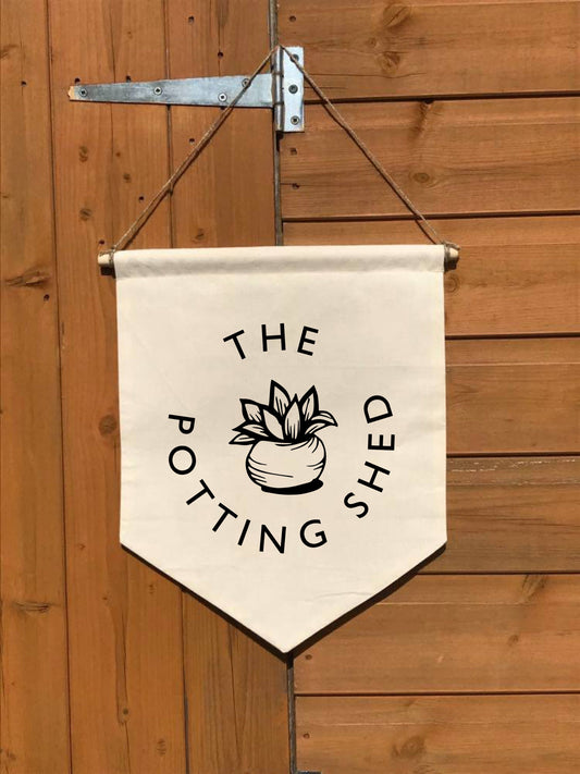 Potting Shed, Cotton Canvas Banner, gardening gift, gift for grandad, Wall Flag, Pennant, Wall Hanging, natural calico, plant, growing