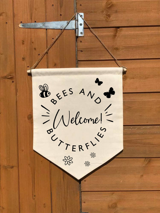 Bee Sanctuary, Cotton Canvas Banner, gardening gift, Easter, Wall Flag, Pennant, Wall Hanging, natural calico, garden, allotment, childs