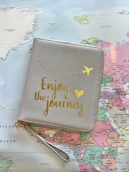 Travel document holder, enjoy the journey, gift for student, gap year, wedding gift, vegan faux leather, family holiday, travel wallet