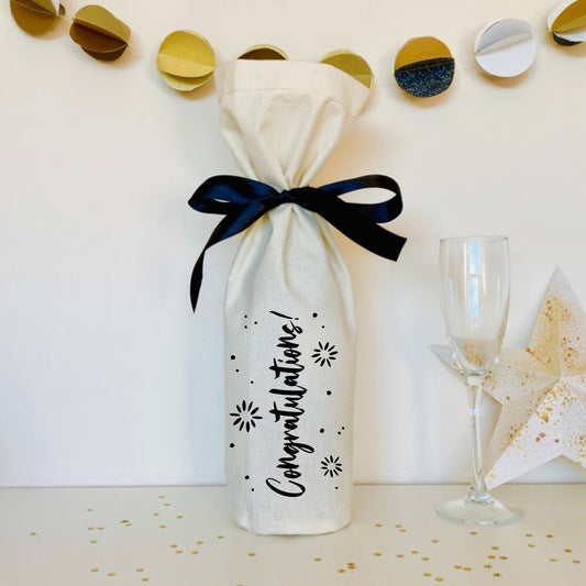 Birthday Celebration - Champagne or Wine Bottle Bag - black and natural calico - happy birthday - reusable cotton gift bag - eco friendly