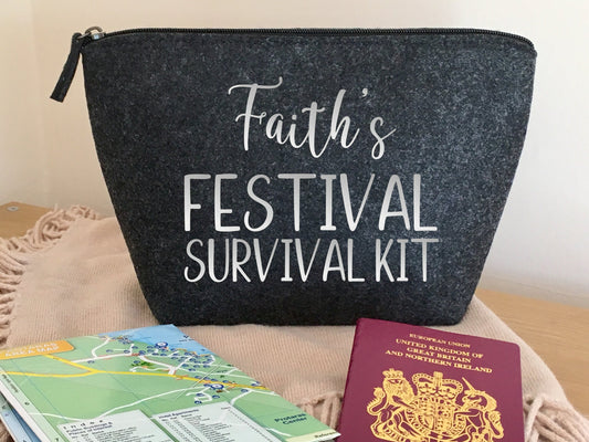 Personalised Festival Survival Kit, grey felt zip pouch for cosmetics, toiletries, camping travel bag, student gift