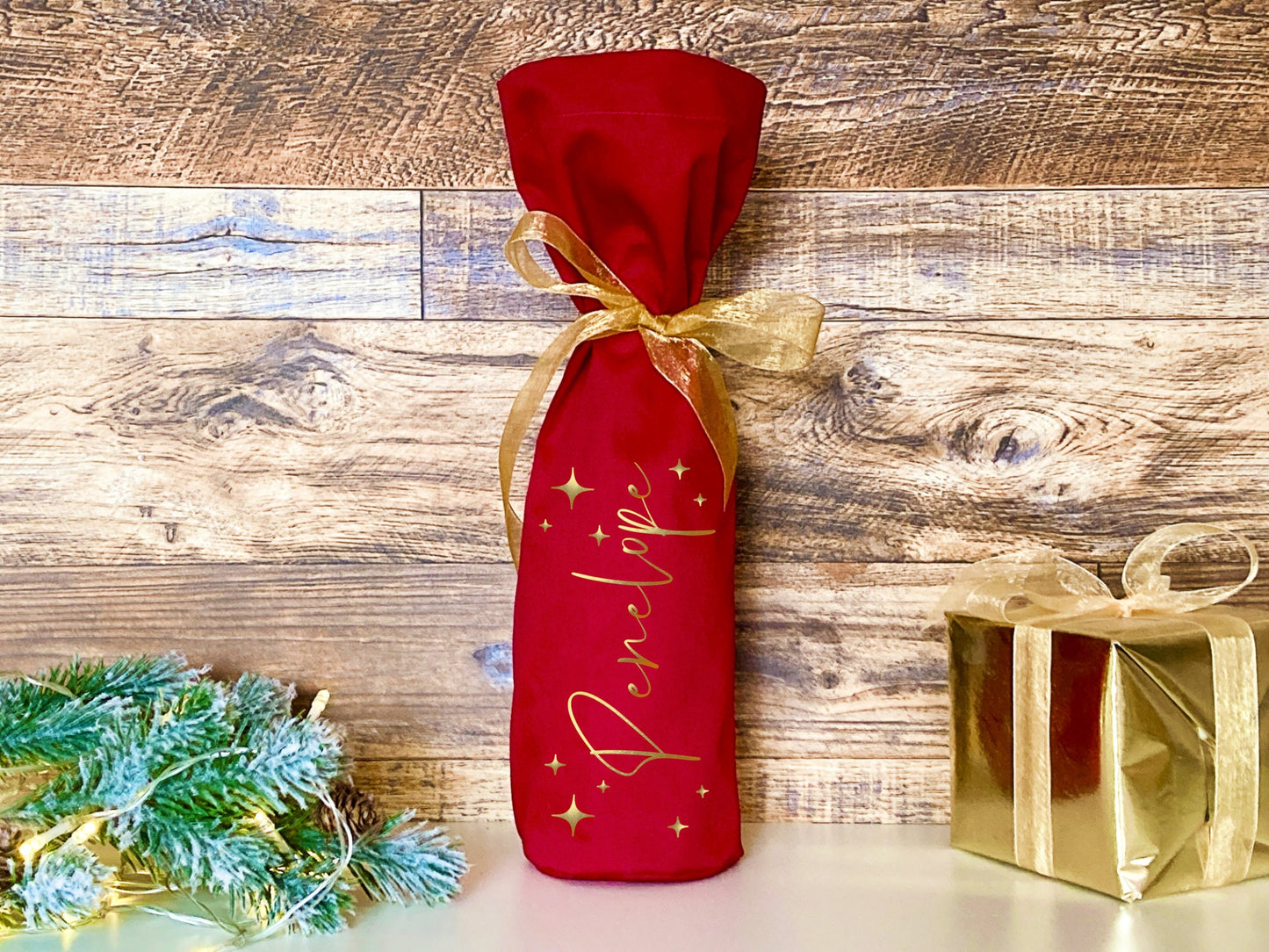 Personalised Champagne or Wine Bottle Bag, red cotton, reusable cotton gift bag, personalised, festive red and gold