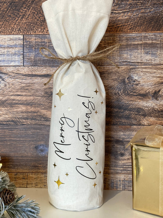 Merry Christmas, Champagne or Wine Bottle Bag, natural calico, reusable cotton gift bag, personalised, rustic design, black and gold