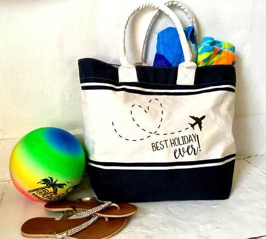 Canvas Beach Tote Bag, Holiday, navy blue stripe, nautical personalised vacation bag, best holiday ever