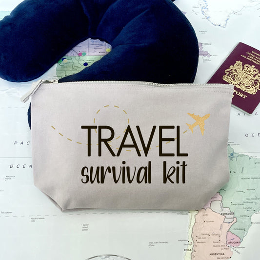Flight Survival Kit, canvas zip pouch, travel essentials, gift for travellers, Long haul flight bag, In-Flight Bag