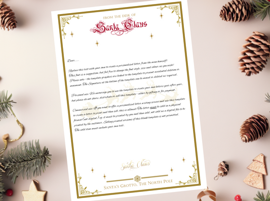 this is a printable, digital file of a letter from santa claus. it shows Santa's letterheaded paper on a desk with some pinecones 