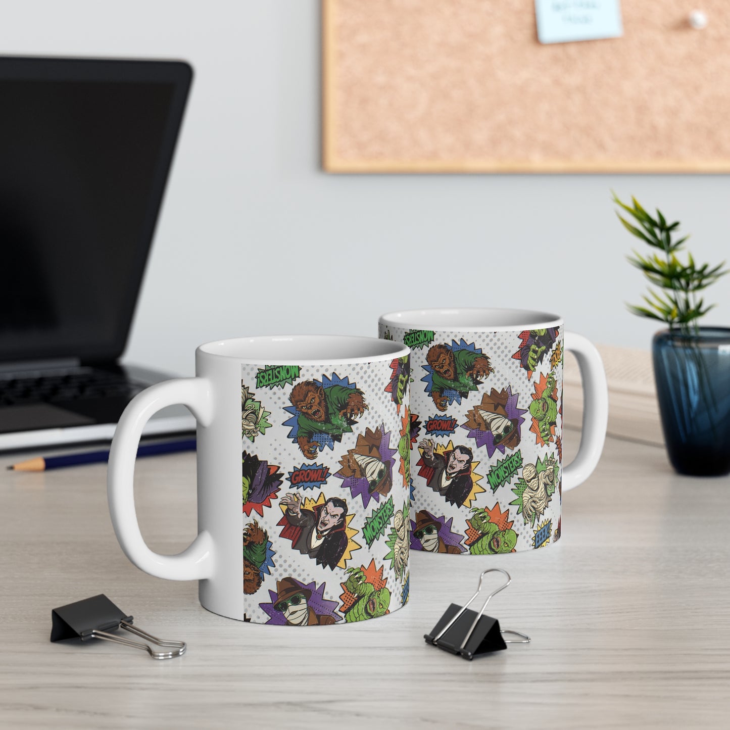 Retro Cartoon Monsters Mug | Vampire, Mummy, Werewolf Pattern