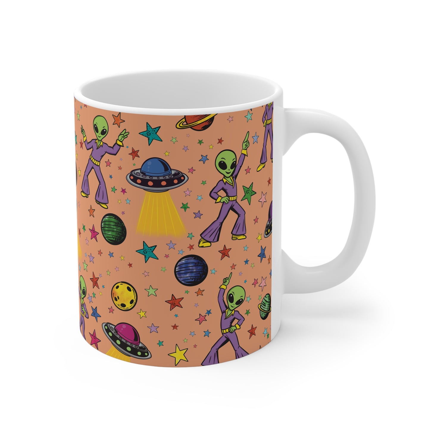 Dancing Alien Pattern Mug | UFOs, Planets & Colorful Stars