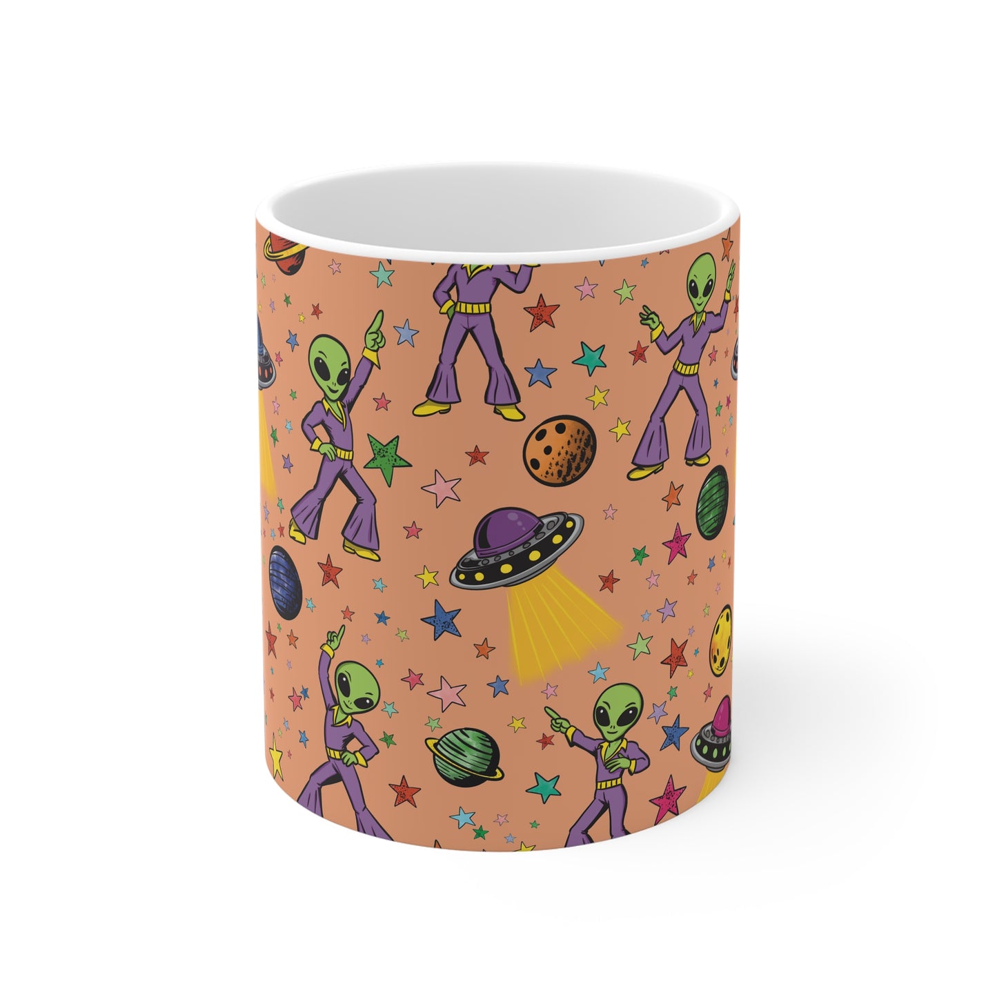Dancing Alien Pattern Mug | UFOs, Planets & Colorful Stars