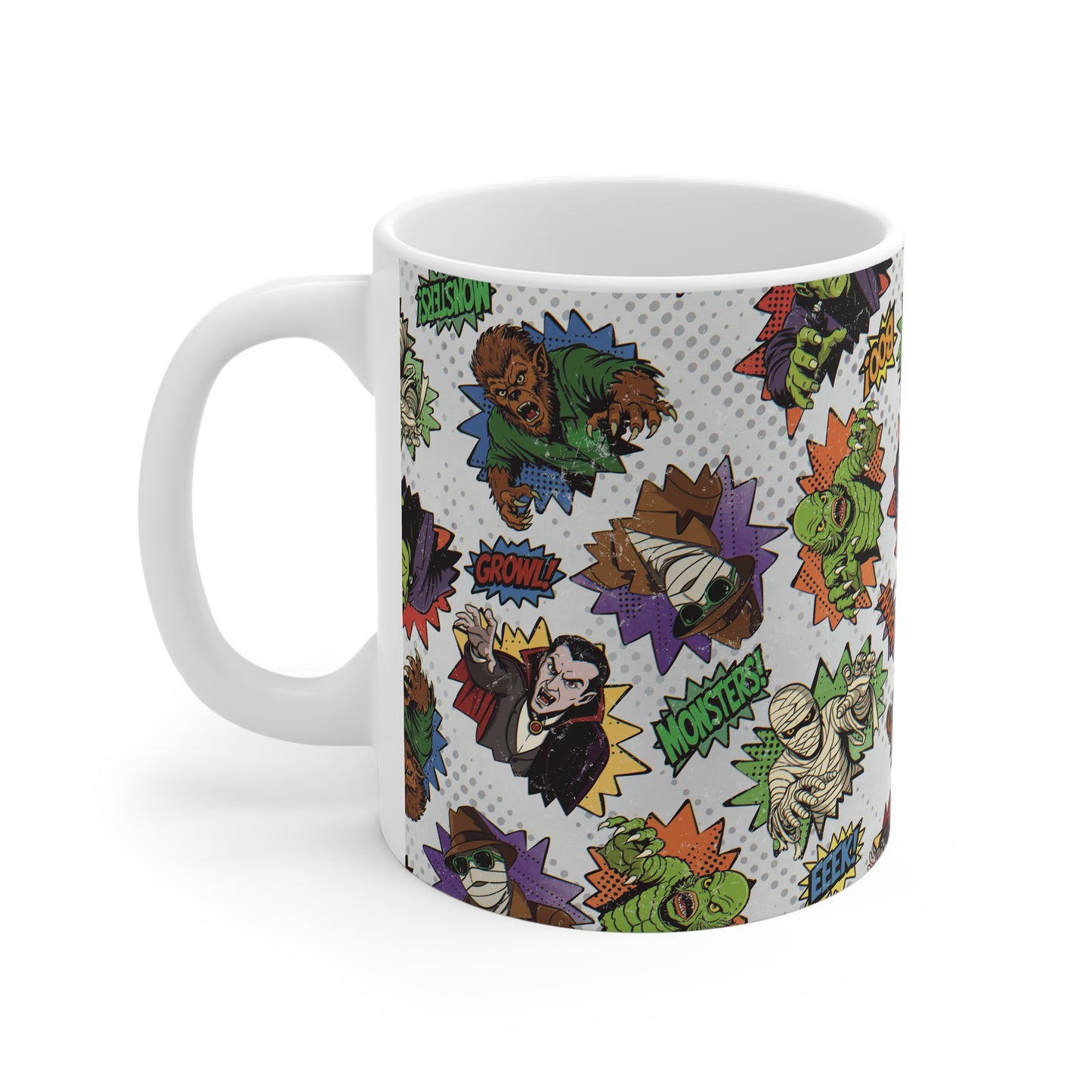 Retro Cartoon Monsters Mug | Vampire, Mummy, Werewolf Pattern