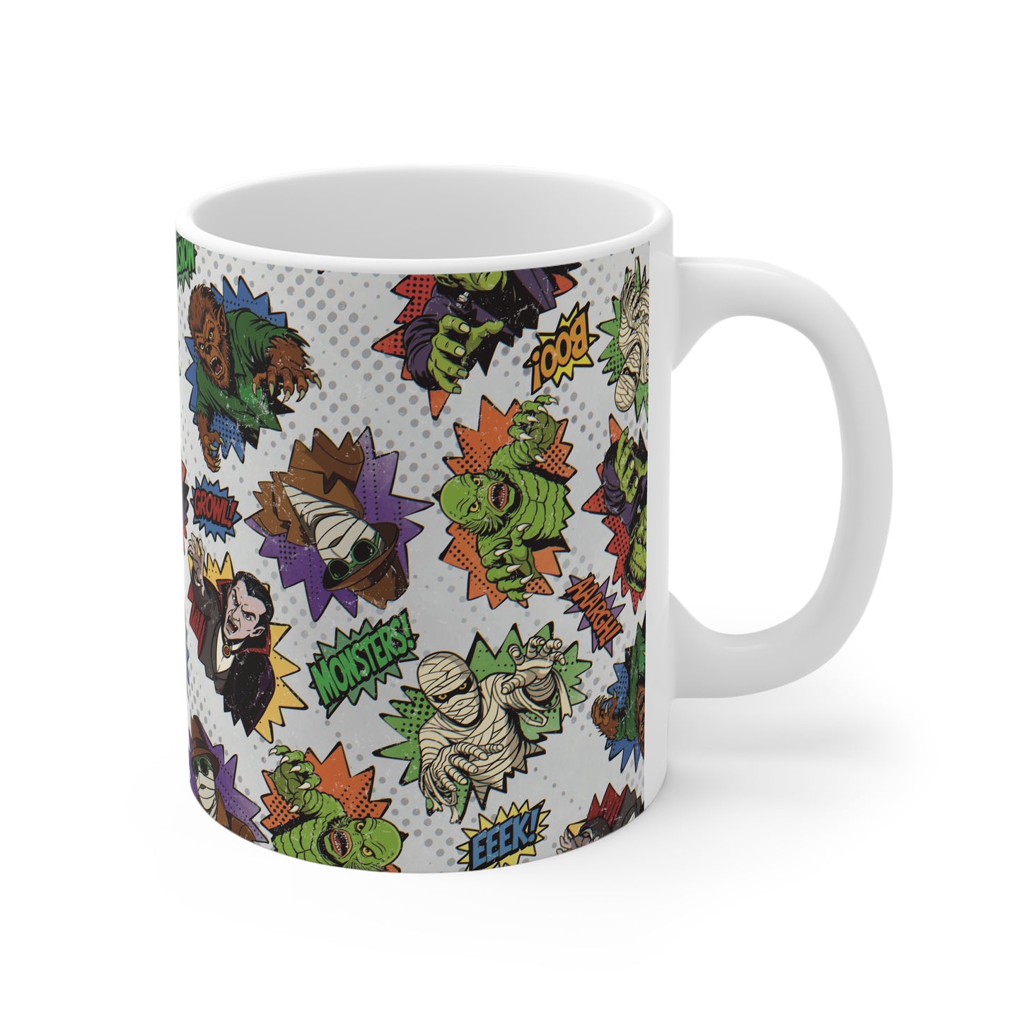 Retro Cartoon Monsters Mug | Vampire, Mummy, Werewolf Pattern