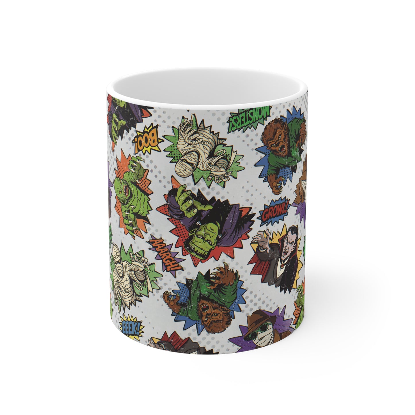 Retro Cartoon Monsters Mug | Vampire, Mummy, Werewolf Pattern