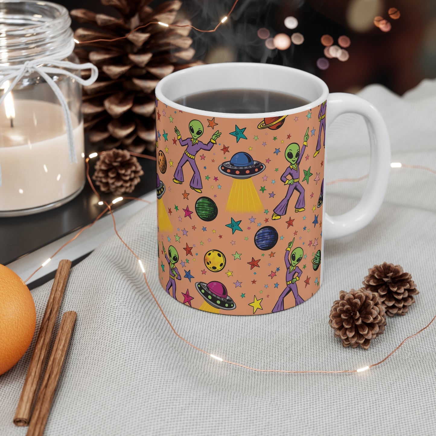 Dancing Alien Pattern Mug | UFOs, Planets & Colorful Stars