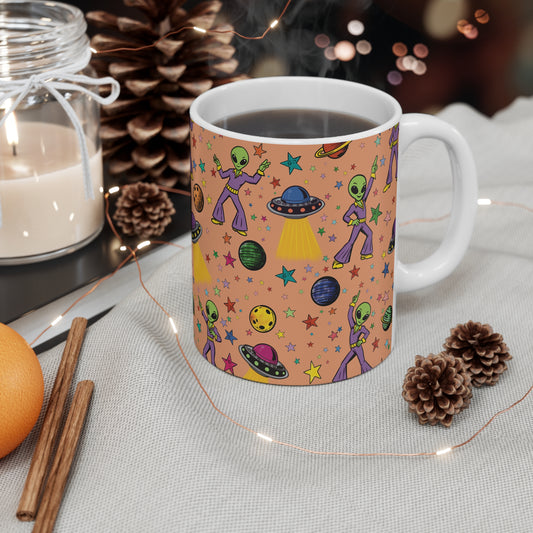 Dancing Alien Pattern Mug | UFOs, Planets & Colorful Stars