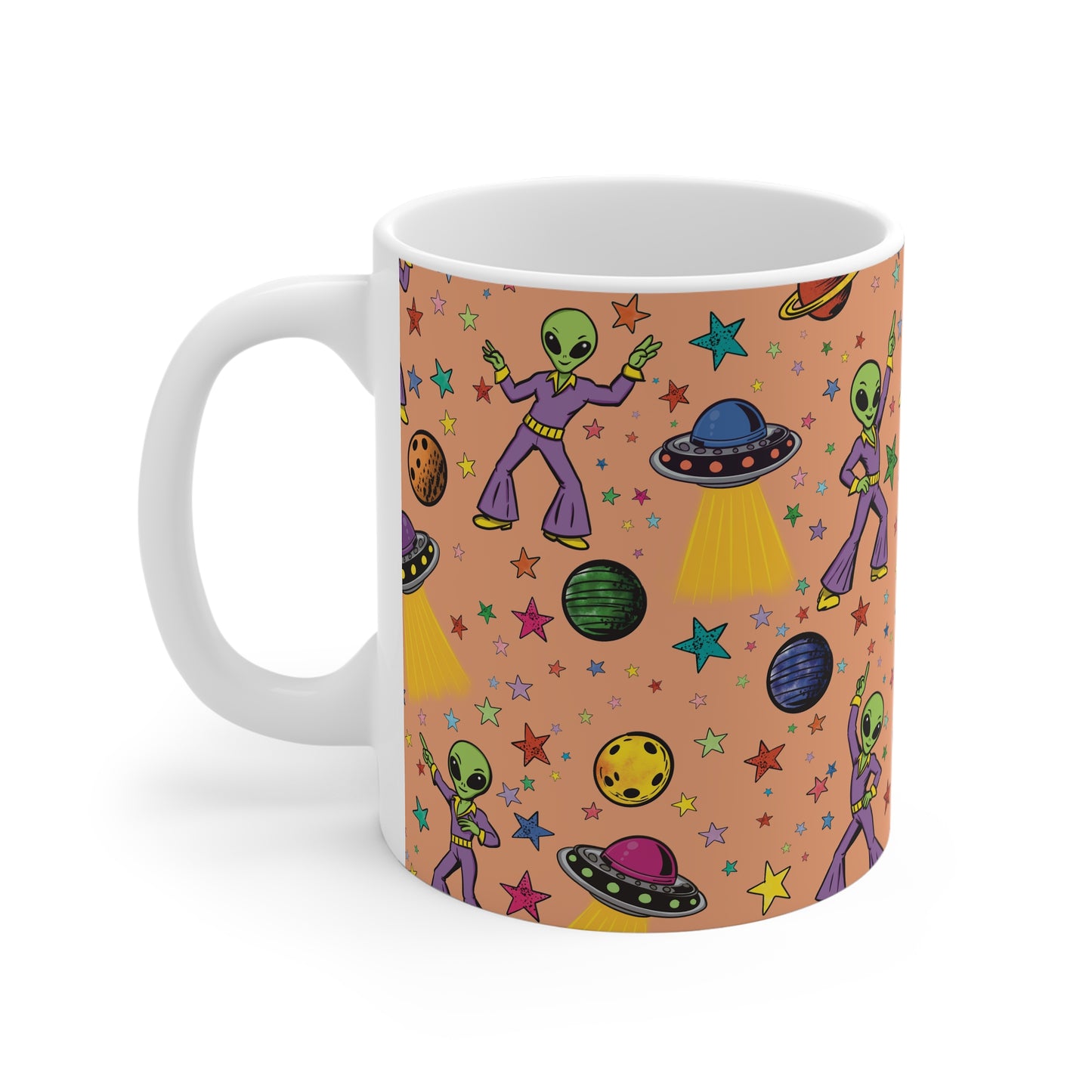 Dancing Alien Pattern Mug | UFOs, Planets & Colorful Stars