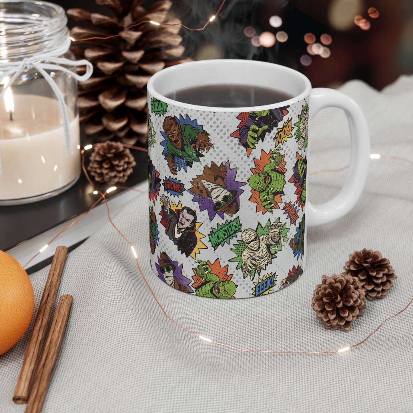 Retro Cartoon Monsters Mug | Vampire, Mummy, Werewolf Pattern