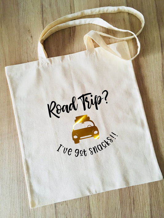 Tote Bag, Road Trip with Snacks, Snackage, Humour, Reusable Cotton Canvas shopping shopper bag, travel, gift