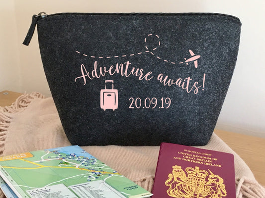 Adventure Awaits grey felt zip pouch for passport, backpacking student, travel documents, road trip, holiday travel bag, honeymoon gift