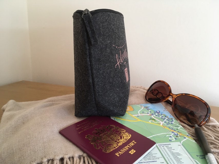 Adventure Awaits grey felt zip pouch for passport, backpacking student, travel documents, road trip, holiday travel bag, honeymoon gift