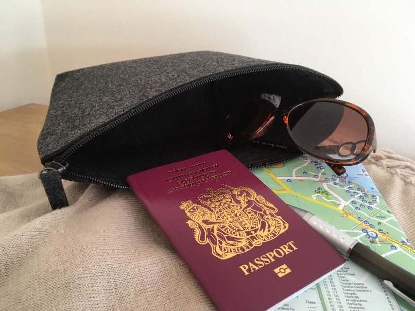 Personalised with Name grey felt zip pouch for passport, student, road trip, holiday travel bag, bridesmaid gift, bridal party
