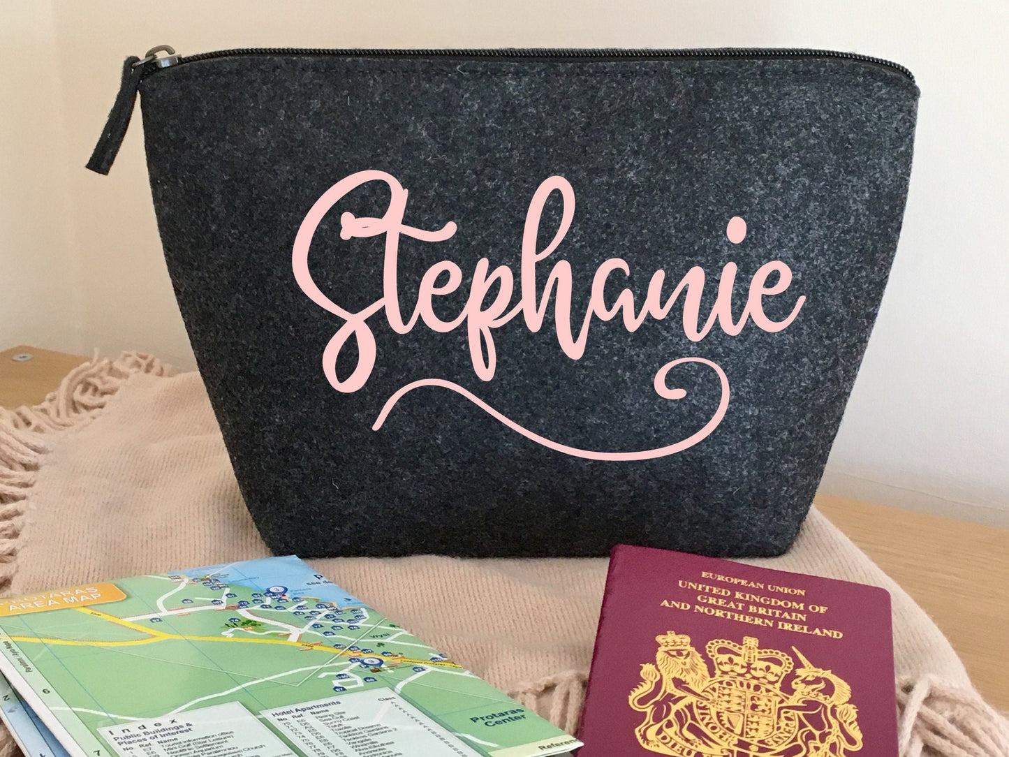 Personalised with Name grey felt zip pouch for passport, student, road trip, holiday travel bag, bridesmaid gift, bridal party