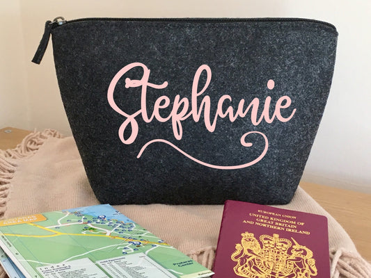 Personalised with Name grey felt zip pouch for passport, student, road trip, holiday travel bag, bridesmaid gift, bridal party