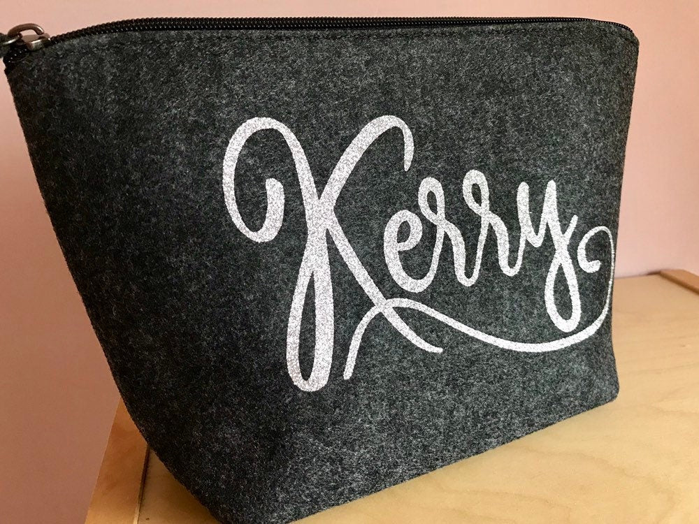 Personalised with Name grey felt zip pouch for passport, student, road trip, holiday travel bag, bridesmaid gift, bridal party