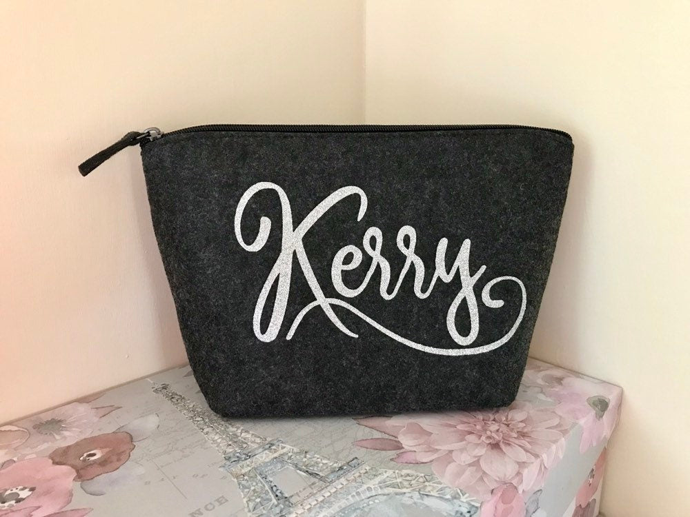 Personalised with Name grey felt zip pouch for passport, student, road trip, holiday travel bag, bridesmaid gift, bridal party