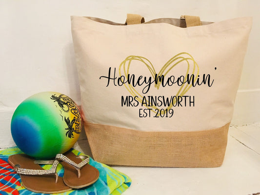 Canvas Beach Tote Bag, Honeymoon, Holiday, Heart, jute canvas natural, personalised shopper bag