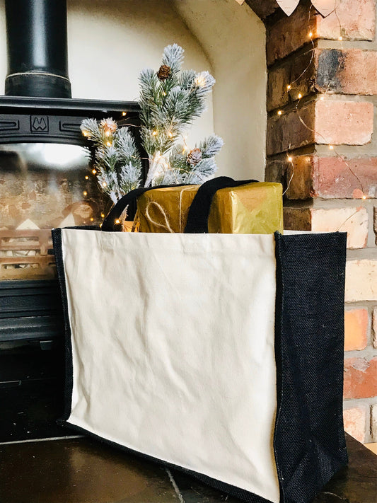 Burlap Christmas Shopping Bag, for Treats - Personalised Family name, Holiday Jute Grocery Bag, Santa Sack, Hamper tote