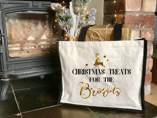 Burlap Christmas Shopping Bag, for Treats - Personalised Family name, Holiday Jute Grocery Bag, Santa Sack, Hamper tote