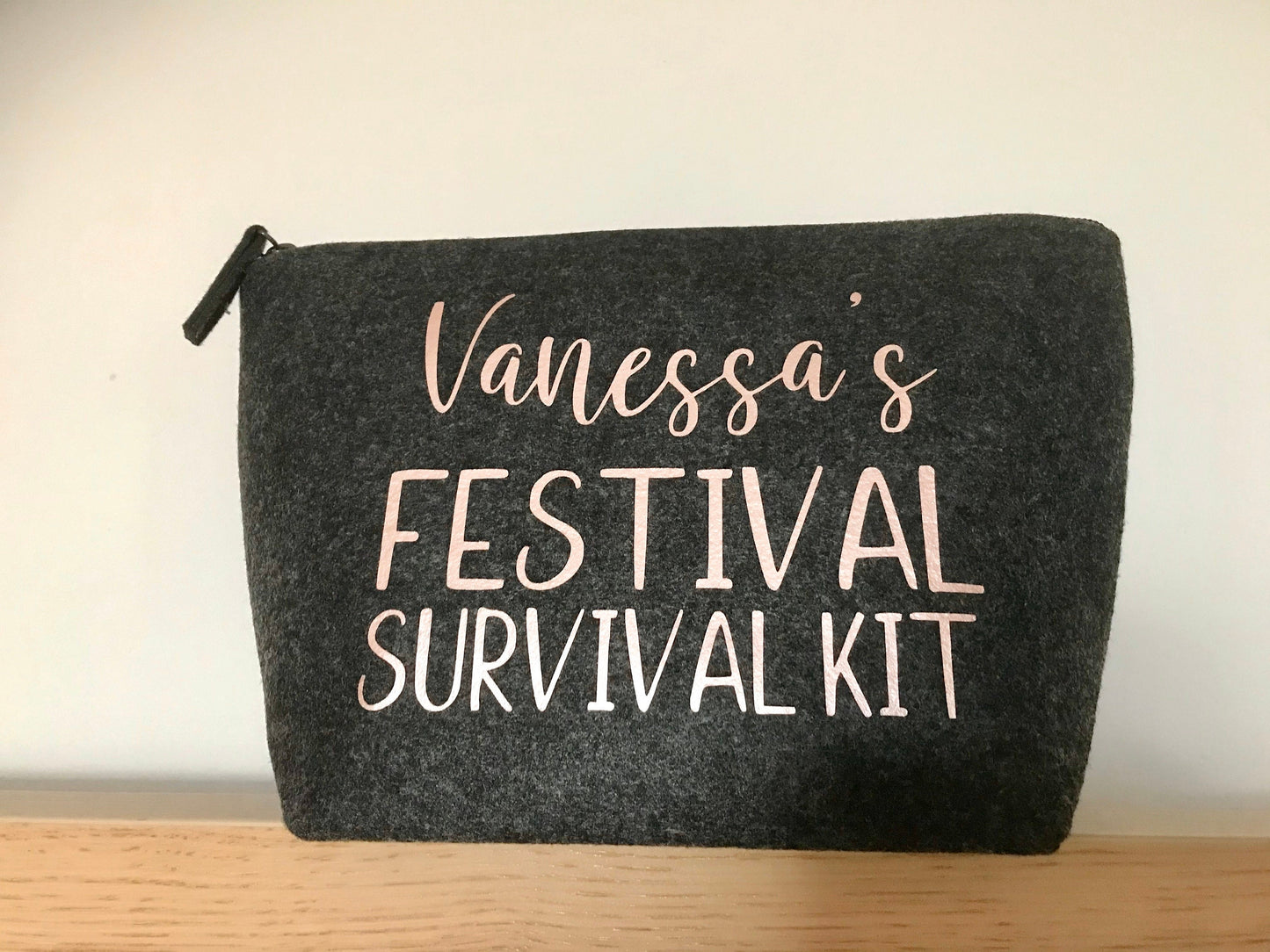 Personalised Festival Survival Kit, grey felt zip pouch for cosmetics, toiletries, camping travel bag, student gift
