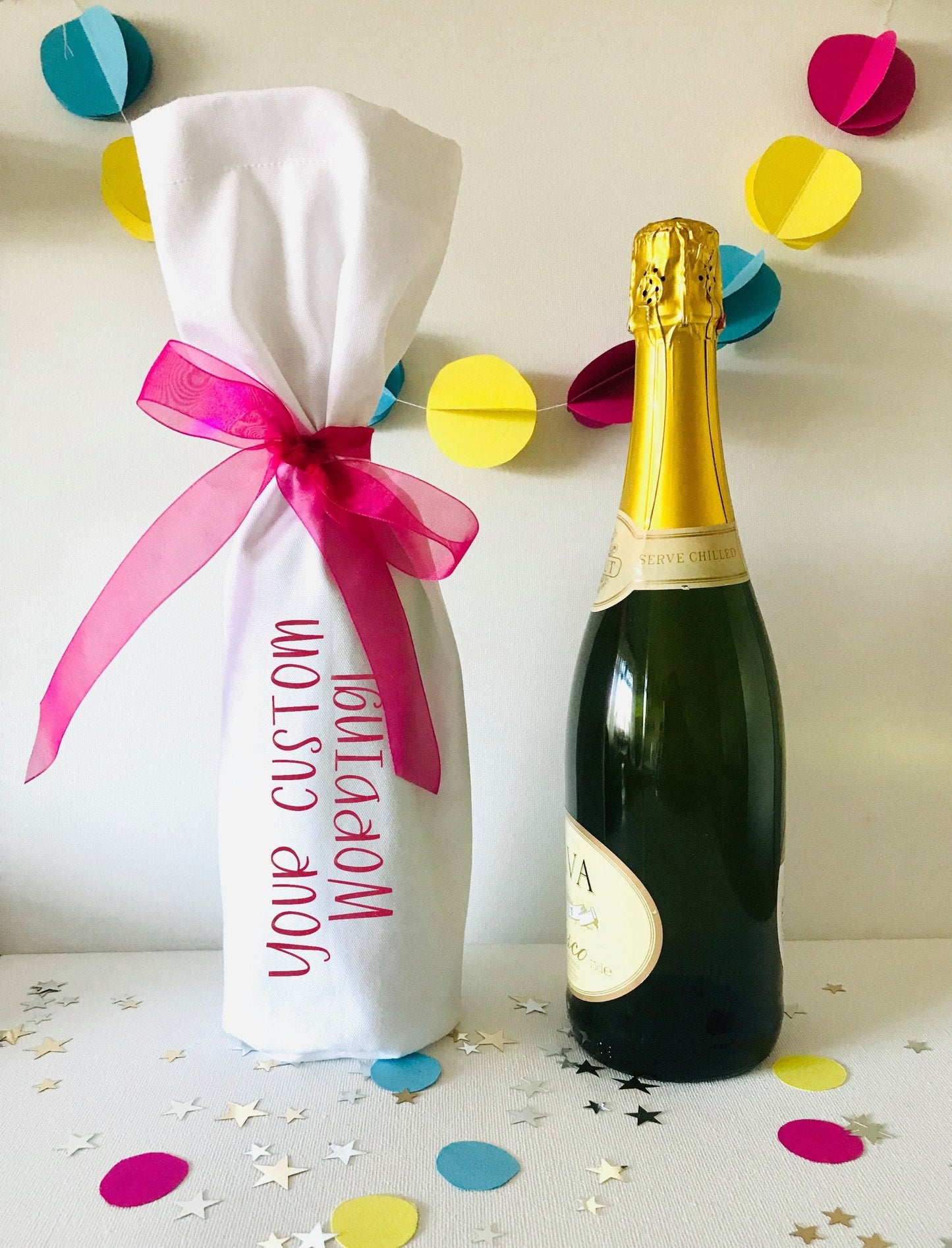 Custom Wording Celebration Birthday Blue - Pink - Gold - Glitter Name - Champagne or Wine Bottle Gift Bag