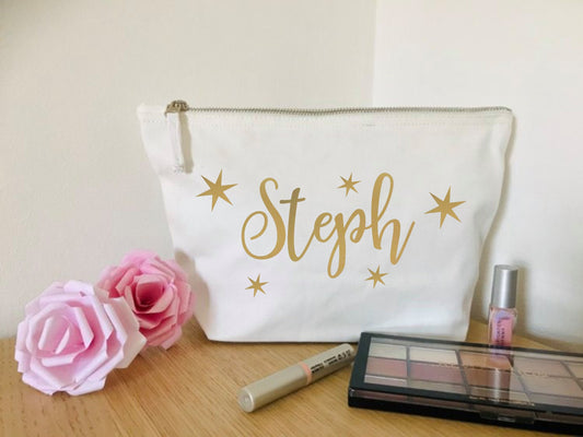 Magic Star Makeup Bag - Personalised with name - Canvas Cosmetic bag, new mum gift, teen, zip pouch, pamper spa kit