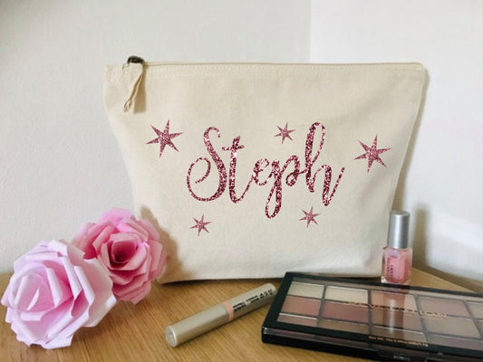 Magic Star Makeup Bag - Personalised with name - Canvas Cosmetic bag, new mum gift, teen, zip pouch, pamper spa kit