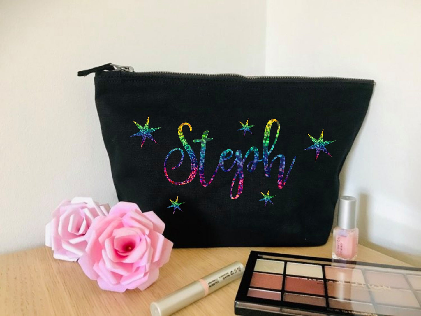 Magic Star Makeup Bag - Personalised with name - Canvas Cosmetic bag, new mum gift, teen, zip pouch, pamper spa kit