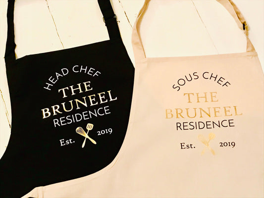 Couples Set of 2 Aprons - Head / Sous chef - Personalised 2nd Wedding Anniversary Gift - Mr & Mrs -  Custom married name est year
