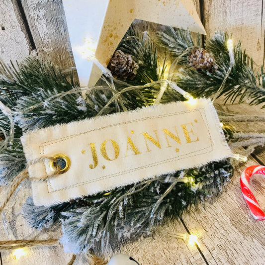 Personalised Fabric tag, Gold Foiled Name, Tag for Santa Sack, Christmas Stocking, Name Tag, Gift Tag, Rustic Scandi style
