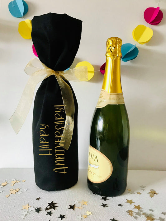 Custom Wording Celebration Birthday Blue - Pink - Gold - Glitter Name - Champagne or Wine Bottle Gift Bag