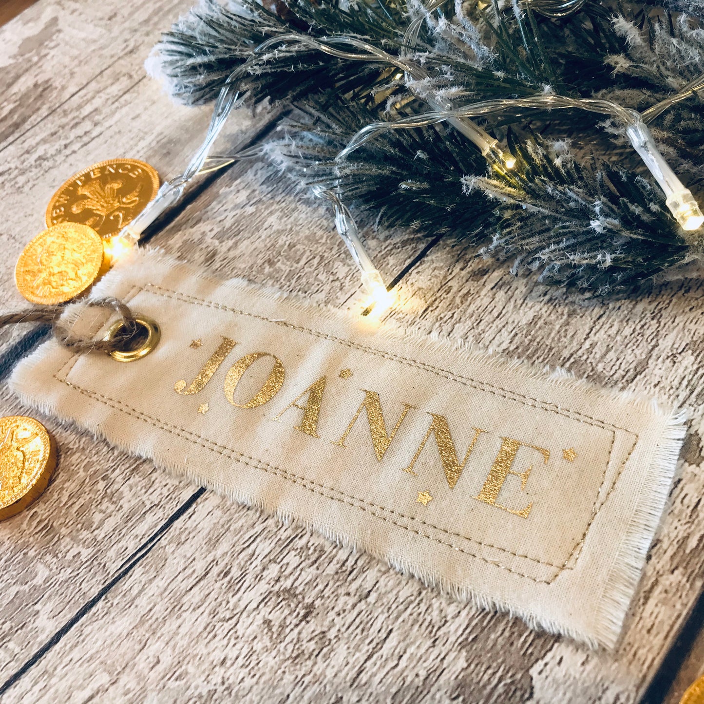 Personalised Fabric tag, Gold Foiled Name, Tag for Santa Sack, Christmas Stocking, Name Tag, Gift Tag, Rustic Scandi style