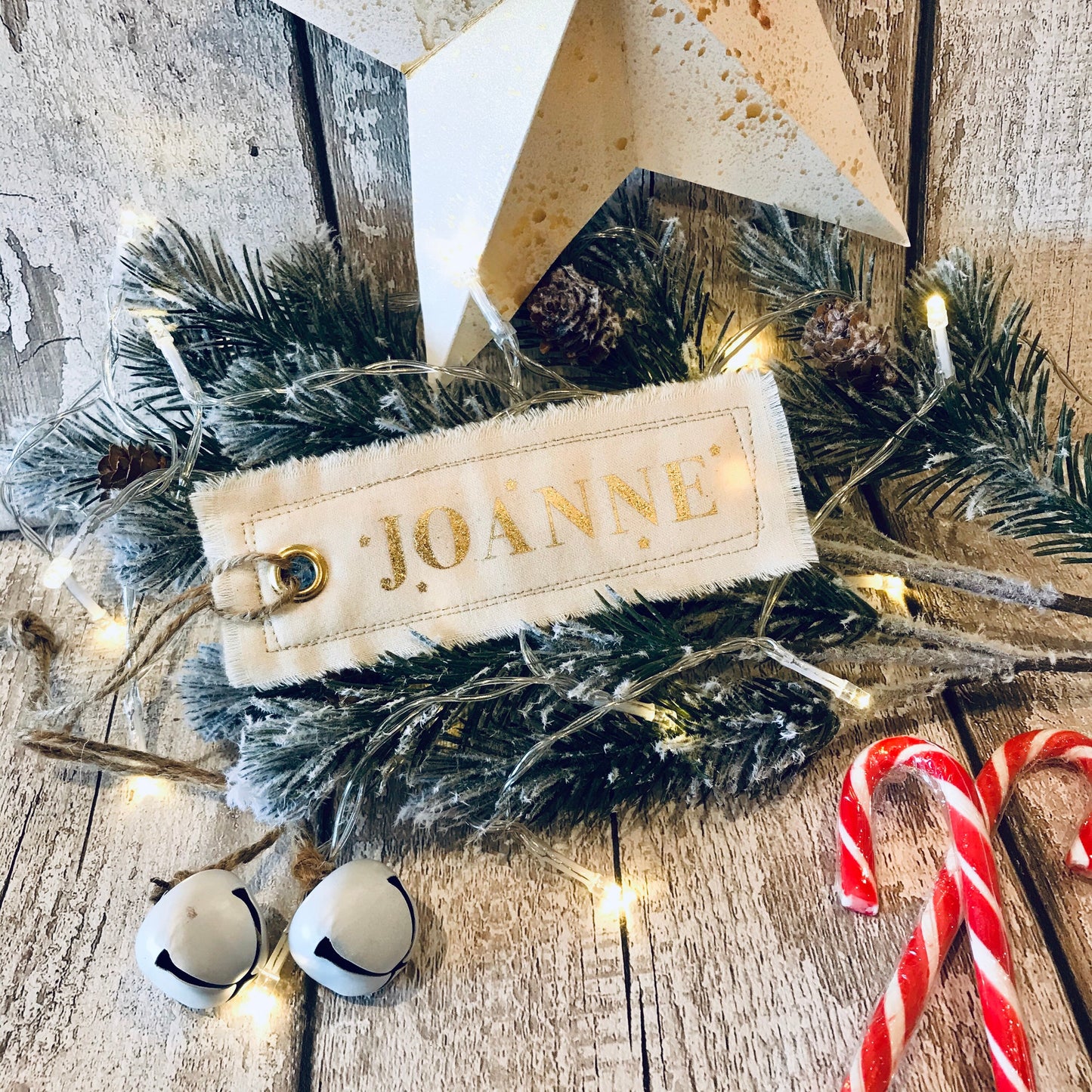 Personalised Fabric tag, Gold Foiled Name, Tag for Santa Sack, Christmas Stocking, Name Tag, Gift Tag, Rustic Scandi style