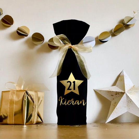 Wine Bottle Gift Bag, Gold Black White, 18th 21st Birthday, Champagne, personalised gift bag, name and any age, star