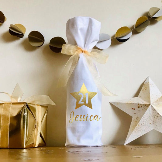 Wine Bottle Gift Bag, Gold Black White, 18th 21st Birthday, Champagne, personalised gift bag, name and any age, star