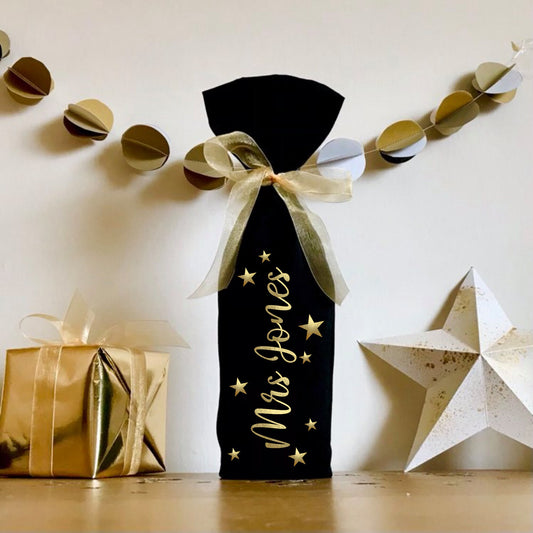 Wine Bottle Gift Bag, Gold Black White, Birthday, celebration, Champagne, personalised gift bag, name and stars, magical theme